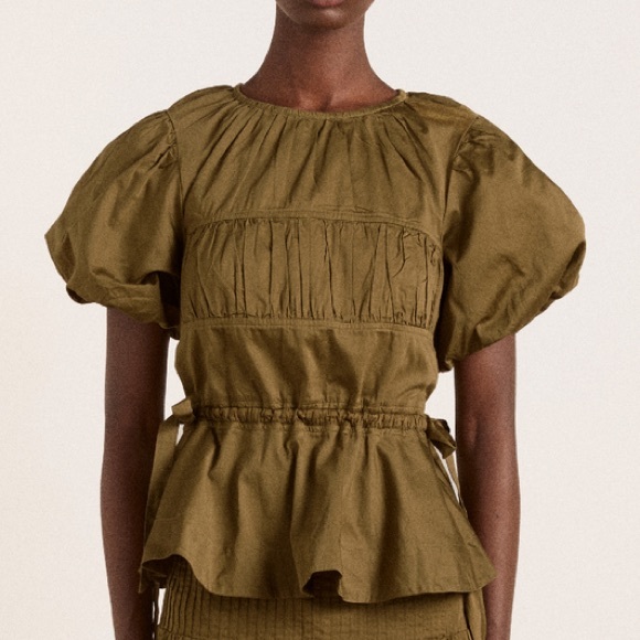 Damson Madder Tops - Damson Madder Hadley Blouse Olive Cotton Satin